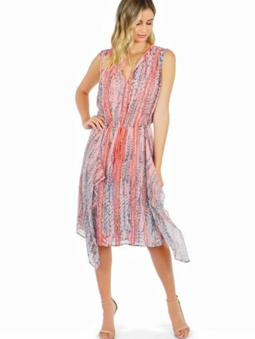 BCBGMAXAZRIA Liya Print Blocked Drape Dress Pink & Red XS